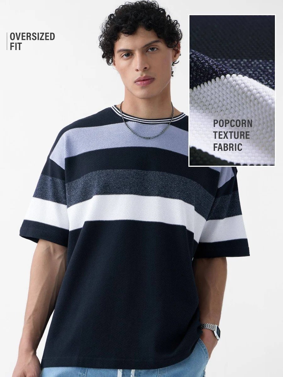 Oversized Popcorn Texture Striped T-Shirt